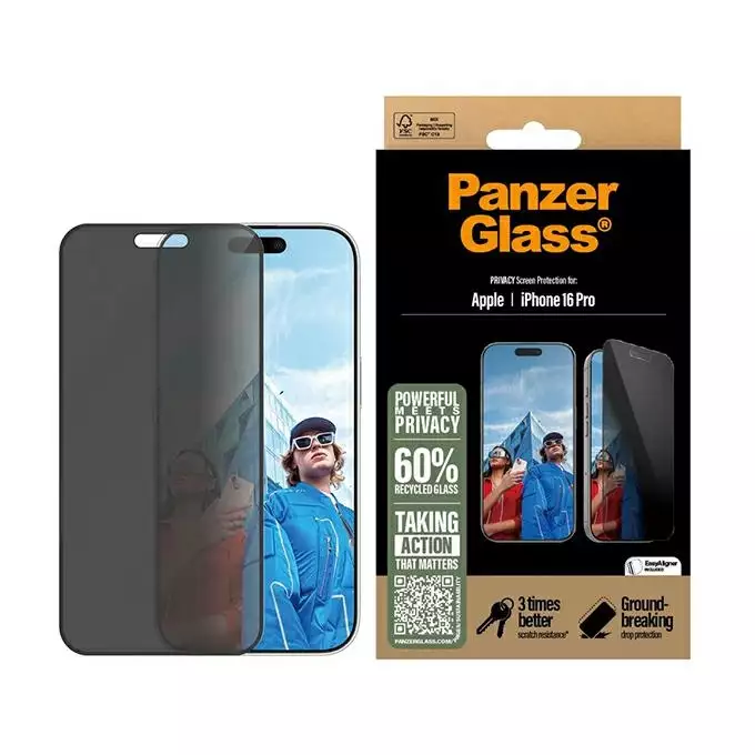 Szkło hartowane do IPhone 16 Pro z filtrem prywatyzującym PanzerGlass Ultra-Wide Fit