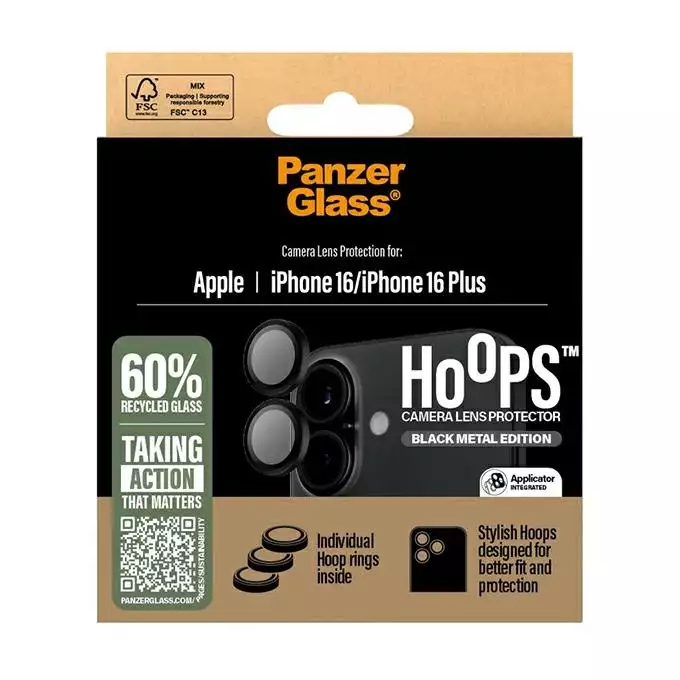 Szkło na obiektyw do iPhone 16 | 16 Plus PanzerGlass Hoops czarny