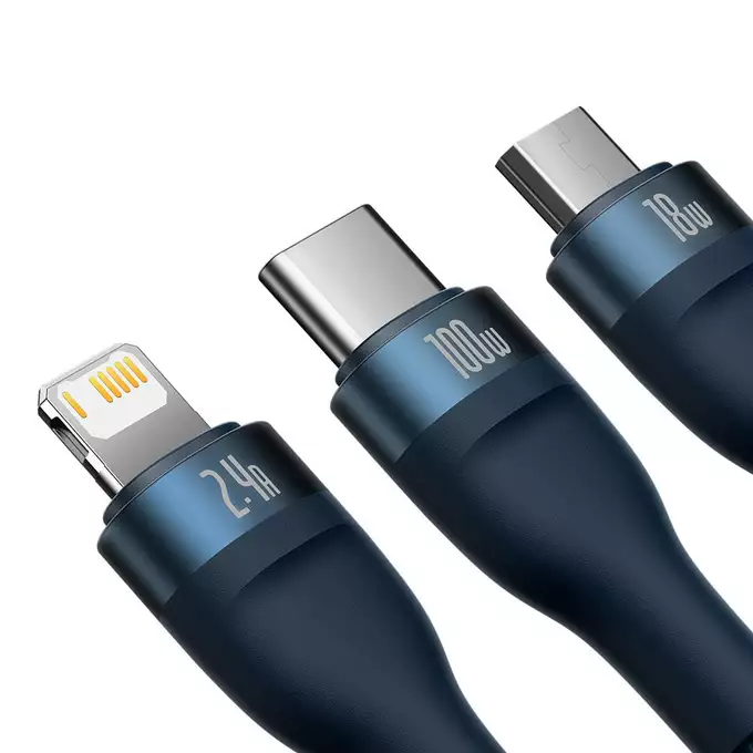 Baseus kabel 3w1 Flash II USB + USB-C - Lightning + USB-C + microUSB 1,5 m 3,5A niebieski 100W