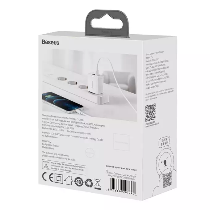 Baseus ładowarka sieciowa Compact PD 20W 1x USB-C 1x USB biała