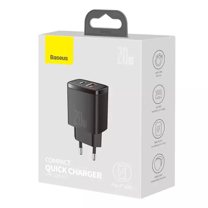 Baseus ładowarka sieciowa Compact PD 20W 1x USB-C 1x USB czarna