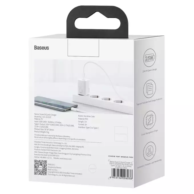 Baseus ładowarka sieciowa Super Si PD 25W 1x USB-C biała + kabel USB-C - USB-C