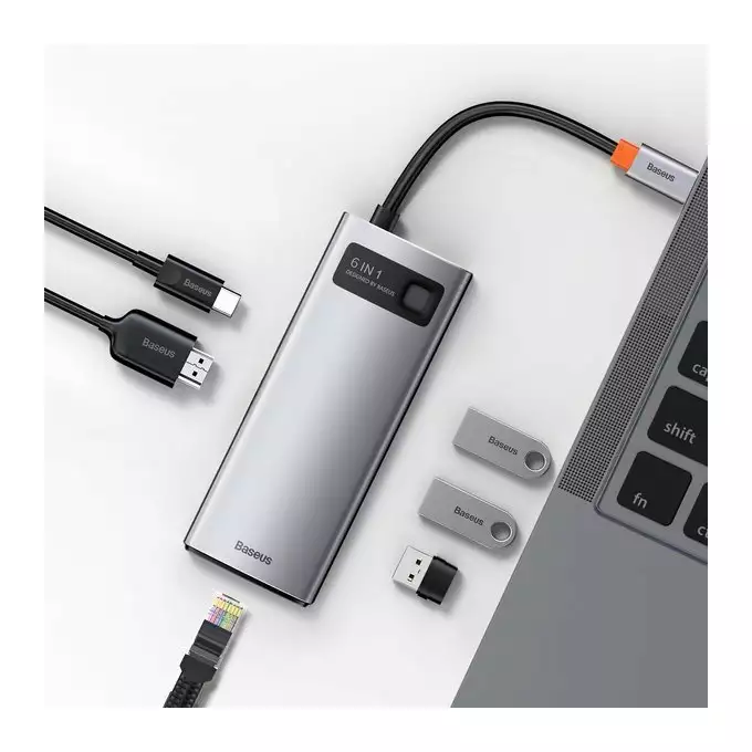 Baseus stacja dokująca Metal Gleam Series 6-in-1 Multifunctional Type-C HUB szara(Type-C to HDMI*1+USB3.0*3+PD*1+RJ45*1)